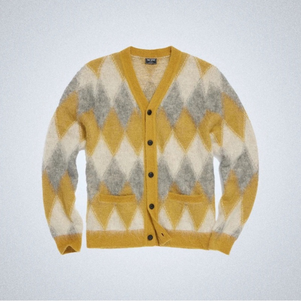 Todd Snyder Mohair Cardigan Argyle in Bitter Gold Mens Medium Retro Fuzzy Yellow
